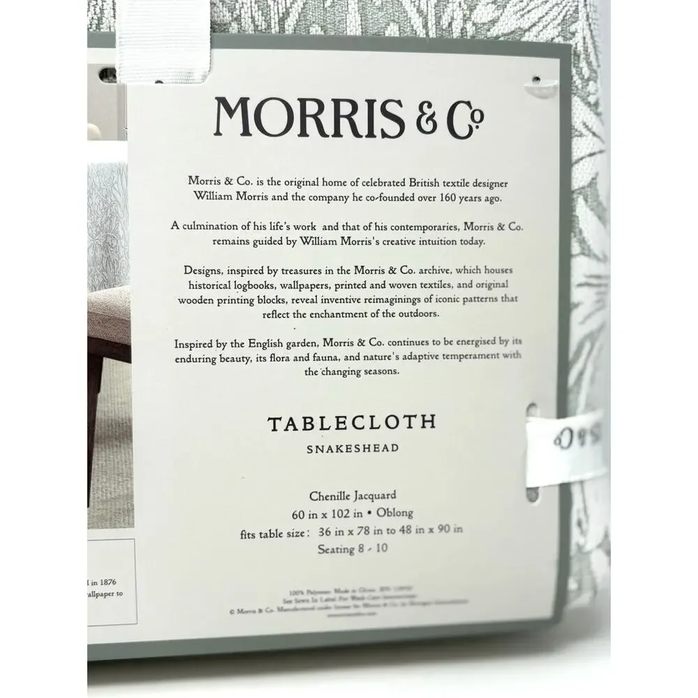 William Morris & Co Snakeshead OBLONG Tablecloth 60X102” In. Seats 8-10 Green